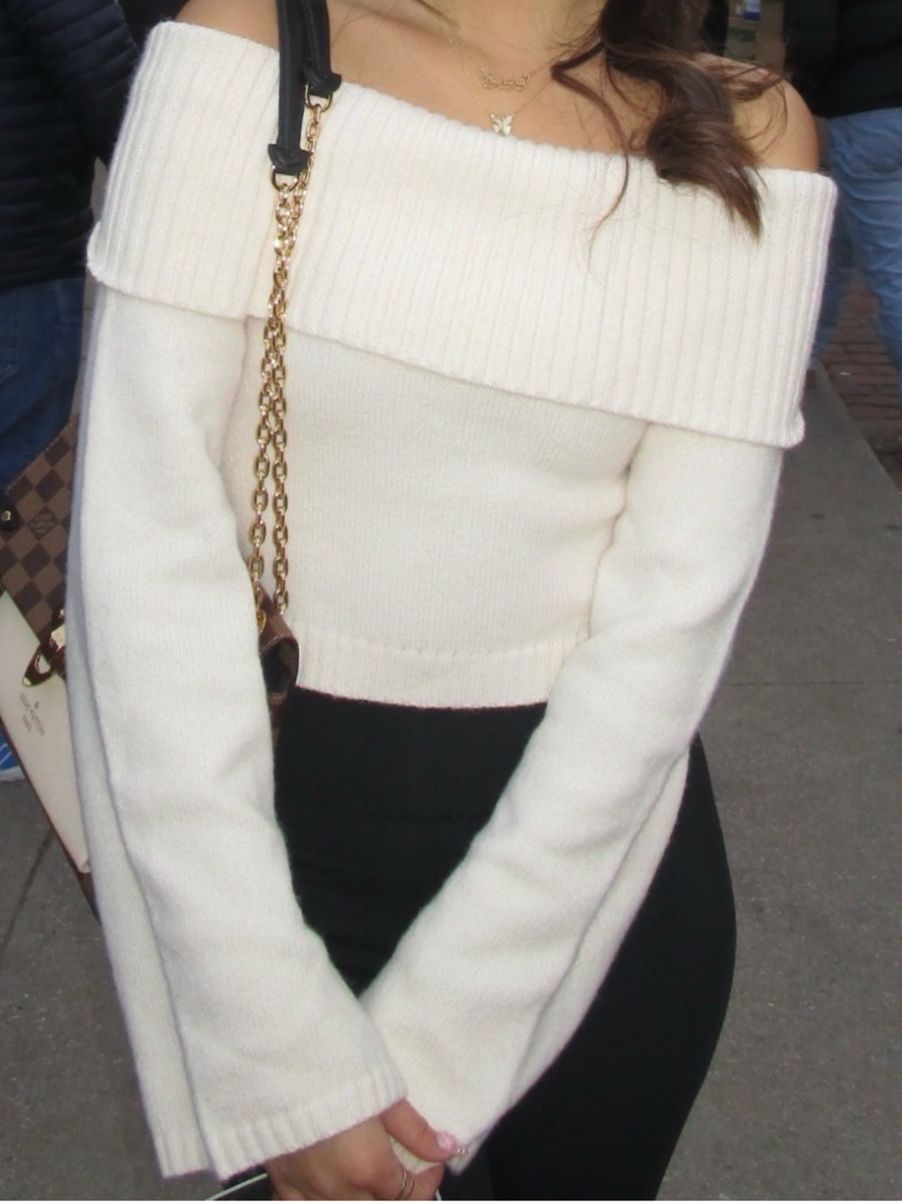 Off-Shoulder Ribbed Knit Sweater - Cream